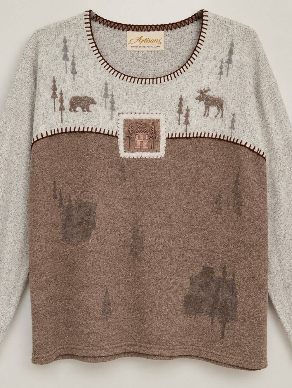 Artisan Two-Tone Crewneck Sweater in Cream and Brown with Wildlife Motifs